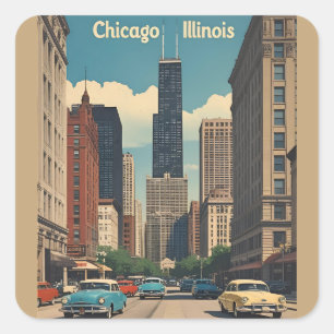 Alte Skyline der Stadt Chicago Illinois Retro-Reis Quadratischer Aufkleber