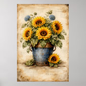 Alte Sonnenblumen in einem rustikalen Eimer Poster (Vorne)