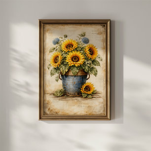 Alte Sonnenblumen in einem rustikalen Eimer Poster
