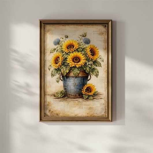 Alte Sonnenblumen in einem rustikalen Eimer Poster