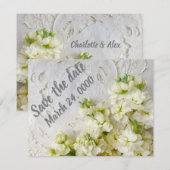 Alte Spitze mit weißen Blume Save The Date (Vorne/Hinten)