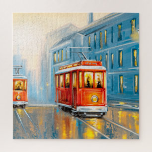 Alte Stadt Straßenbahn Ölmalerei Puzzle
