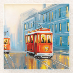 Alte Stadtstraßenbahn Ölmalerei Glasuntersetzer