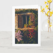 ALTE STEINE BLDG. FENSTER MIT HOLZSCHUHEN UND BLUM KARTE (Gelbe Blume)