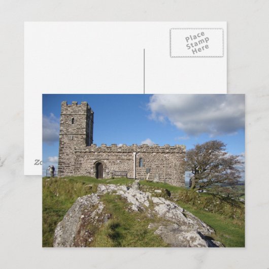 alte Steinkirche und windgepeitschter Baum Postkarte (Vorne/Hinten)
