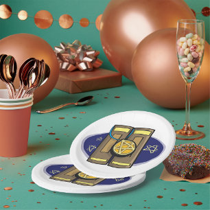 Alte Steintafeln mit Pentagramm-Amulett Pappteller
