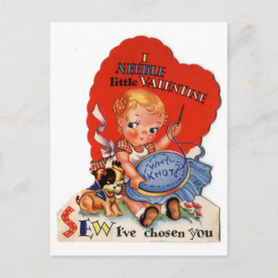 Alte Valentinstag Mädchen Näharbeit Feiertagspostkarte
