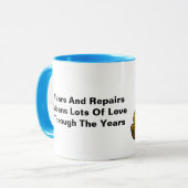 Alte, verübte, gepatchte Teddybären-Tasse Tasse (Vorderseite Links)