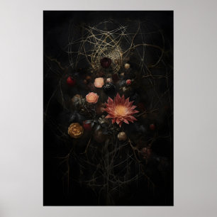 Alte verwelkte Blumen im Spinnennetz-Druck, düster Poster