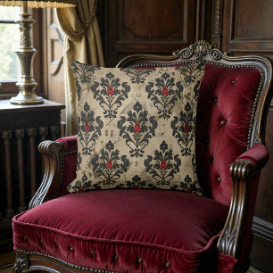 Alte viktorianische schwarze rote und beige Damast Kissen