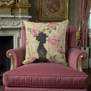 Alte viktorianische Silhouette mit rosa Rosen Kissen
