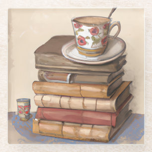Alte Vintage Bücher und eine Tasse Kaffee Glasuntersetzer