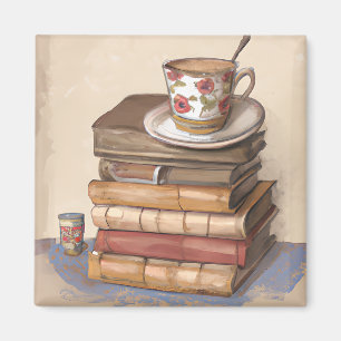 Alte Vintage Bücher und eine Tasse Kaffee Magnet