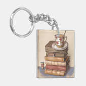 Alte Vintage Bücher und eine Tasse Kaffee Schlüsselanhänger (Vorderseite links)