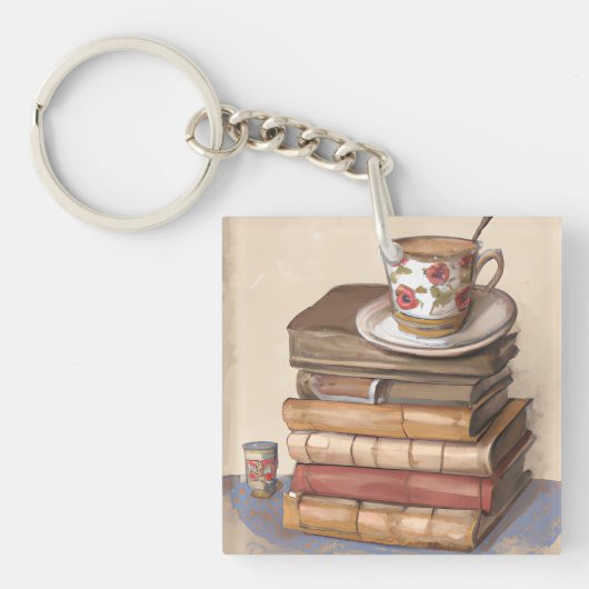 Alte Vintage Bücher und eine Tasse Kaffee Schlüsselanhänger (Vorderseite)