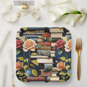 Alte Vintage Bücher und Rose Pappteller