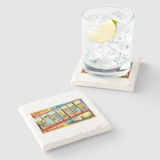 Alte Vintage Reise-Andenken Seattles Washington WA Steinuntersetzer (Seitenansicht)