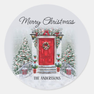 Alte Vintage-Rot-Tür-Kranz Merry Christmas Runder Aufkleber
