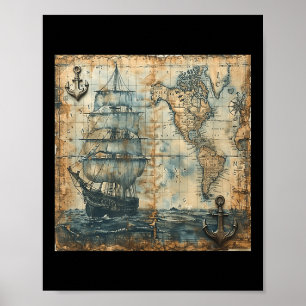 Alte Vintage-Seekarte Piratenschiff Segelboot Meer Poster