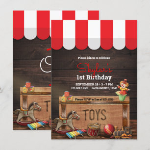 Alte Vintage-Spielzeuge Holztruhe 1. Geburtstag Einladung