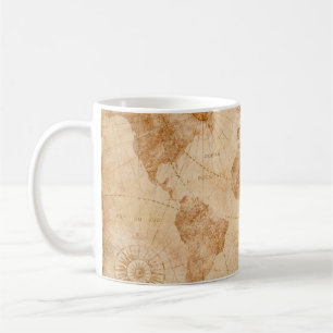 Alte Vintage-Weltkarte Illustrationskarte, Welt, Kaffeetasse