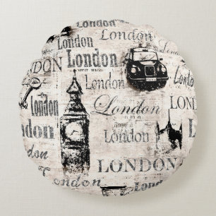 Alte Vintage-Zeitungspapier London Grunge Collage Rundes Kissen