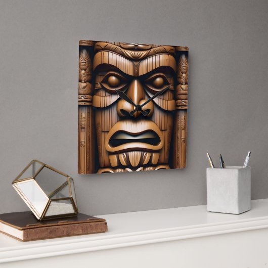 Alte Wächter: Tiki Holzkunst Quadratische Wanduhr (Büro)