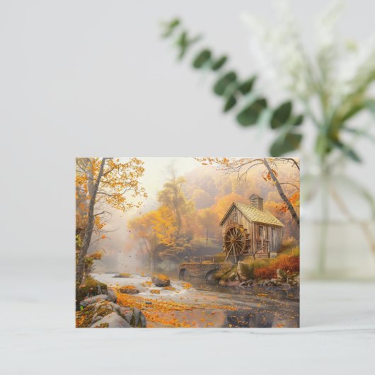 Alte Wassermühle am Fluss im Herbst Postkarte (Stehend Vorderseite)