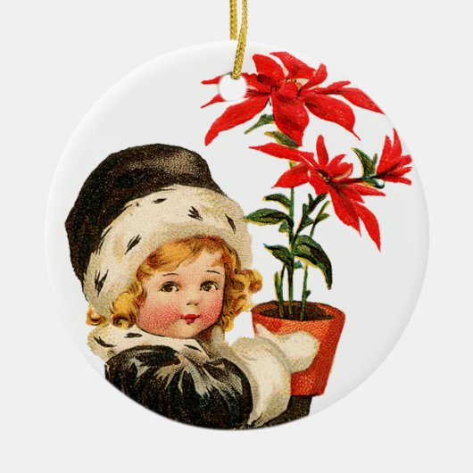 Alte Weihnachten, Mädchen mit Poinsettia Keramikornament (Vorne)