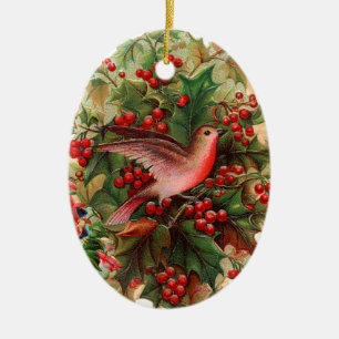 Alte Weihnachten, Robin, Holly Keramik Ornament