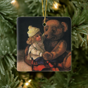 Alte Weihnachtsdekoration, Puppe und Teddybär Keramikornament