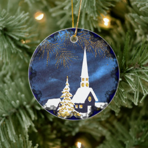 Alte Weihnachtsdekoration Schneebedeckte Kirche Keramik Ornament