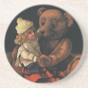 Alte Weihnachtsfiguren, Puppe und Teddybär Sandstein Untersetzer