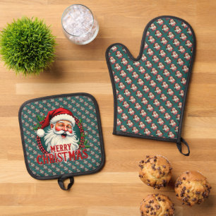 Alte Weihnachtsillustration von Santa Claus Muster Ofenhandschuh & Topflappen-Set
