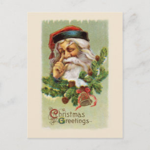 Alte Weihnachtsmann- und Immergrün-Postkarte Feiertagspostkarte