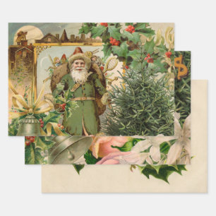 Alte Welt Grüner Weihnachtsmann Weihnachtscollage  Geschenkpapier Set