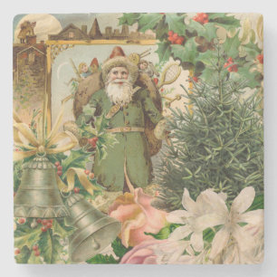 Alte Welt Grüner Weihnachtsmann Weihnachtscollage  Steinuntersetzer