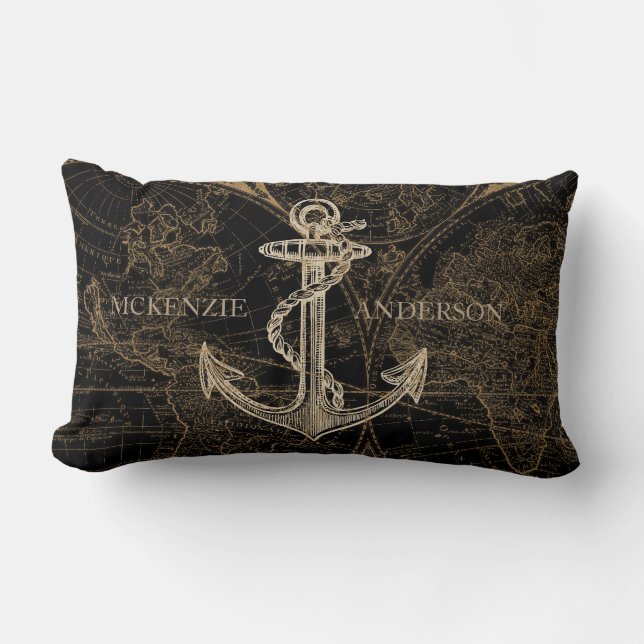 Alte Welt Nautic Anchor Monogram Black Lendenkissen (Vorderseite)