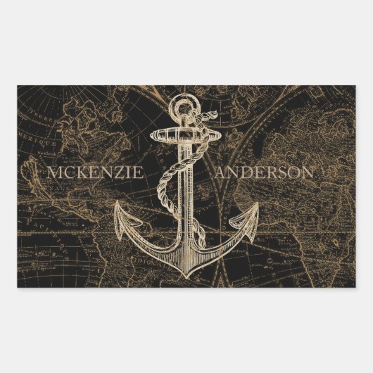 Alte Welt Nautic Anchor Monogram Black Rechteckiger Aufkleber (Vorderseite)