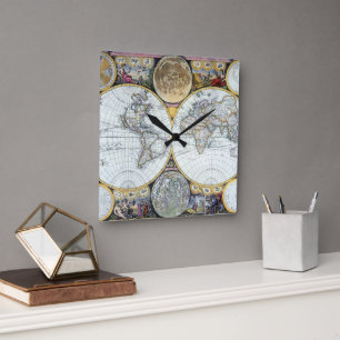 Alte Weltkarte, Atlas Maritimus von John Seller Quadratische Wanduhr
