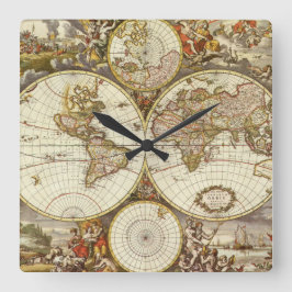 Alte Weltkarte von Frederick de Wit, c. 1680 Quadratische Wanduhr