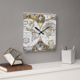 Alte Weltkarte von Hendrik Hondius, 1630 Quadratische Wanduhr
