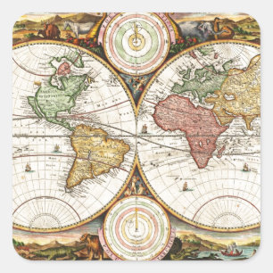 Alte Weltkarte Zwei Hemisphären Seltene Antike Kun Quadratischer Aufkleber