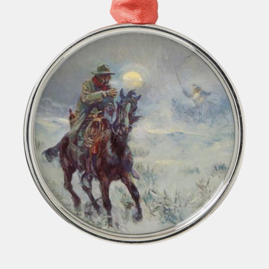 Alte Westweihnachtsverzierung cowboy See Sankt Silbernes Ornament (Vorne)