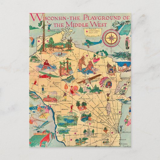 Alte Wisconsin-Karte Postkarte (Vorderseite)