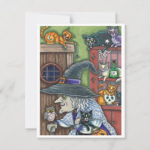 ALTE WITCH GLÜCKLICHE ZUHAUSE, VIELE KATZEN UND EI FEIERTAGSKARTE