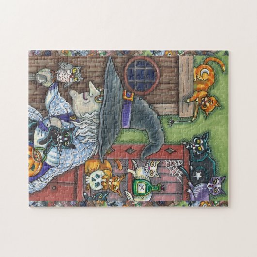 ALTE WITCH GLÜCKLICHE ZUHAUSE, VIELE KATZEN UND EI PUZZLE (Horizontal)