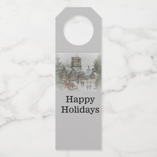 Alte Zeit Santa mit Kindern vor einer Kirche Flaschenanhänger (Vorderseite)