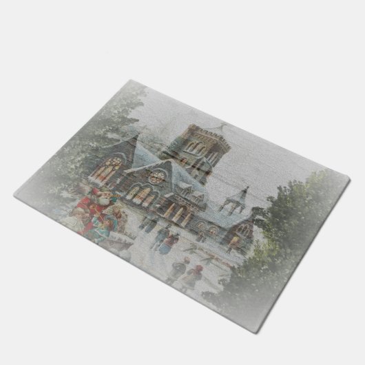 Alte Zeit Santa mit Kindern vor einer Kirche Fußmatte (Schrägansicht)