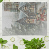 Alte Zeit Santa mit Kindern vor einer Kirche Geschirrtuch (Gefaltet)